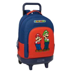 safta super mario mamma mia mochila con carro extraible bolsillo frontal portabotellas tirador doble hombreras acolchadas tarjeta id 33l 330x220x450mm color rojo y azul