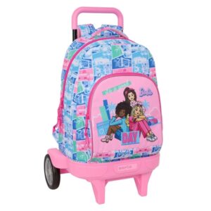safta barbie mochila con carro bolsillo frontal bolsillo lateral hombreras acolchadas asa acolchada tarjeta id bandeja pvc ruedas antivibracion 33l 330x220x450mm color rosa