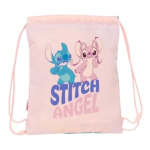 safta stitch ohana saco plano bolsillo con cremallera cierre con cordones 3l 260x10x340mm color rosa pastel