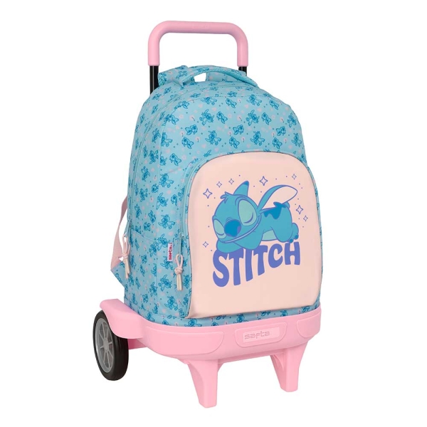 safta stitch ohana mochila con carro bolsillo frontal portabotellas tirador doble hombreras acolchadas asa acolchada tarjeta id ruedas antivibracion 330x220x450mm color azul claro