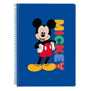 safta mickey mouse today libreta con espiral formato cuarto 80 hojas de papel 80g/m2 cuadriculas 4x4mm tapas duras glasofonadas margen lateral 155x10x220mm color azul