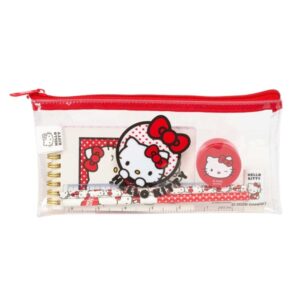 safta hello kitty pack escolar con portatodo de pvc cierre zip regla 15cm 2 lapices sacapuntas goma bloc de notas con 70 hojas 225x105mm color transparente