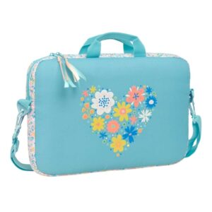 safta moos fiori maletin para portatil hasta 15.6" interior acolchado material reciclado bandolera ajustable asas de mano tirador doble 4l 400x40x270mm color azul claro