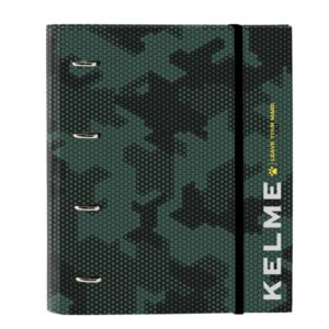 safta kelme camo carpeta con 4 anillas 35mm tapas duras forradas recambio 100 hojas cuadriculas 5x5mm cierre elastico separadores internos 270x35x320mm color verde camuflaje