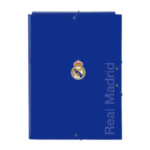 safta real madrid carpeta con 3 solapas tapas duras forradas formato folio cierre con gomas 260x25x335mm color azul