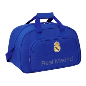 safta real madrid bolsa de deporte bolsillo frontal bandolera ajustable asa forrada doble tirador cremallera tacos proteccion base fondo extraible 22l 400x230x240mm color azul