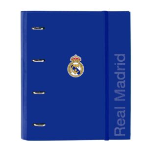 safta real madrid carpeta con 4 anillas 35mm tapas duras forradas recambio 100 hojas cuadriculas 5x5mm cierre elastico incluye separadores 270x35x320mm color azul
