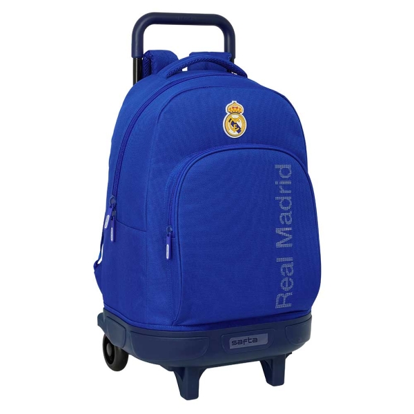 safta real madrid mochila con carro extraible bolsillo frontal portabotellas tirador doble hombreras acolchadas asa acolchada tarjeta id bandeja pvc 330x220x450mm color azul