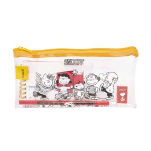 safta snoopy pack escolar con portatodo de pvc cierre zip regla 15cm 2 lapices sacapuntas goma bloc de notas con 70 hojas 225x105mm color transparente