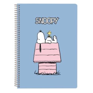 safta snoopy libreta con espiral formato cuarto 80 hojas de papel 80g/m2 cuadriculas 4x4mm tapas duras glasofonado margen lateral 155x10x220mm color azul
