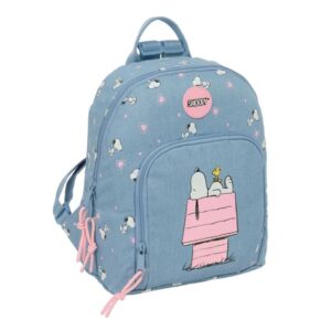 safta snoopy mini mochila bolsillo frontal tirador doble bolsillo interior bolsillo trasero seguro hombreras ajustables asa superior 250x130x300mm color azul