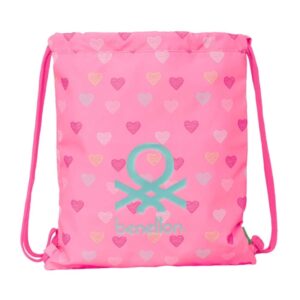 safta benetton heart saco plano bolsillo con cremallera cierre con cordones 5l ligero y portatil 350x10x400mm color rosa