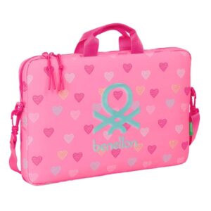 safta benetton heart maletin para portatil hasta 15.6" interior acolchado bandolera ajustable asas de mano doble tirador 4l 400x40x270mm color rosa