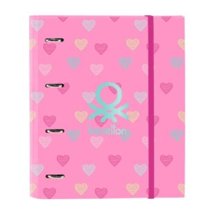 safta benetton heart carpeta con 4 anillas 35mm tapas duras forradas recambio 100 hojas cierre elastico incluye separadores cuadricula 5x5mm 270x35x320mm color rosa