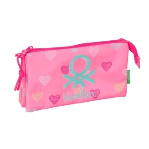 safta benetton heart portatodo 3 compartimentos con cremalleras bolsillo interior 0.6l 220x30x120mm color rosa
