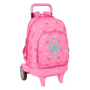 safta benetton heart mochila con carro bolsillo frontal portabotellas hombreras acolchadas asa acolchada tarjeta id ruedas antivibracion base reforzada 33l 330x220x450mm color rosa