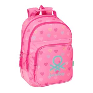 safta benetton heart mochila con 2 compartimentos antirozaduras adaptable a carro bolsillo frontal portabotellas tirador doble hombreras ergonomicas 20l 320x150x420mm color rosa