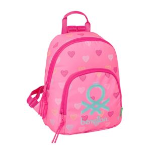 safta benetton heart mini mochila bolsillo frontal cremallera doble bolsillo interior seguro bolsillo trasero hombreras ajustables asa superior 9.75l 250x130x300mm color rosa