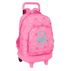 safta benetton heart mochila con carro extraible bolsillo frontal portabotella tirador doble hombreras acolchadas asa superior tarjeta id 33l 330x220x450mm color rosa