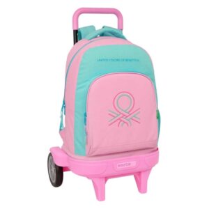 safta benetton dolce mochila con carro bolsillo frontal portabotella tirador doble hombreras acolchadas tarjeta id ruedas antivibracion 33l 330x220x450mm color rosa pastel