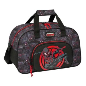 safta miles morales bolsa de deporte bolsillo frontal bandolera ajustable asa forrada tirador doble tacos proteccion base fondo extraible 22l 400x230x240mm color negro y rojo