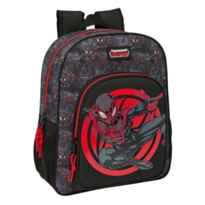 safta miles morales mochila adaptable a carro portabotellas tirador doble hombreras ergonomicas acolchadas bolsillo frontal asa de mano superior 15l 320x120x380mm color negro y rojo