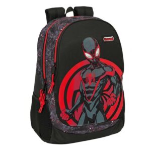 safta miles morales mochila adaptable a carro portabotellas compartimentos grandes tirador doble hombreras ergonomicas asa de mano superior 23l 320x160x440mm color negro y rojo