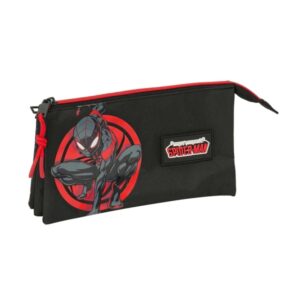 safta miles morales portatodo 3 compartimentos con cremalleras bolsillo interior 0.6l 220x30x120mm color negro y rojo