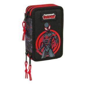 safta miles morales plumier de 3 pisos 37 piezas 1.3l goma lapiz boligrafos sacapuntas reglas 16 colores 14 rotuladores ideal para estudiantes 125x55x195mm color negro y rojo