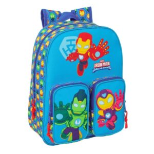safta iron man mochila infantil adaptable a carro portabotellas hombreras ergonomicas bolsillo frontal asa superior 10l 260x110x340mm color azul