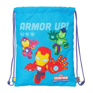 safta iron man saco plano bolsillo interior con cremallera cierre con cordones 3l 260x10x340mm color azul