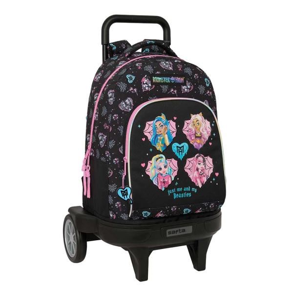 safta monster high mochila con carro extraible bolsillo frontal portabotellas hombreras acolchadas asa acolchada tarjeta id ruedas antivibracion 33l 330x220x450mm color negro