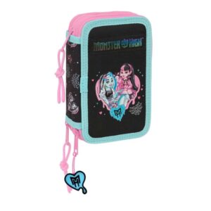 safta monster high plumier de 3 pisos 37 piezas 1.3l goma lapiz boligrafos sacapuntas reglas 16 colores 14 rotuladores 125x55x195mm color negro