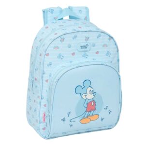 safta mickey mouse baby mochila infantil adaptable a carro portabotellas hombreras ergonomicas bolsillo frontal asa superior para manejo 9.5l 280x100x340mm color azul claro