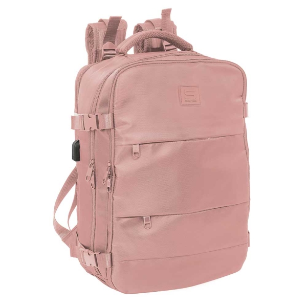 safta mochila de cabina bolsillo para portatil hasta 15.6" conector usb hombreras ergonomicas zapatillero interior acolchado 23.1l 290x190x440mm color rosa