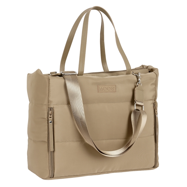 safta moos capsula camel maletin para portatil hasta 14.1" cremallera bolsillos frontales hombrera ajustable asas de mano 28.46l 400x170x310mm color arena
