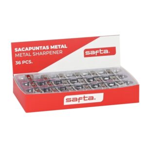 safta expositor con 36 sacapuntas de metal cuchilla de alta calidad agarre ergonomico color aluminio