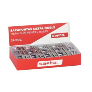 safta expositor con 24 sacapuntas doble de metal cuchilla de alta calidad agarre ergonomico color aluminio