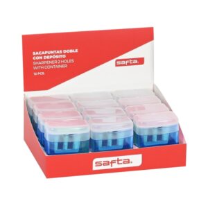 safta expositor con 12 sacapuntas doble con deposito cuchilla de acero duradera agarre ergonomico deposito para virutas colores surtidos