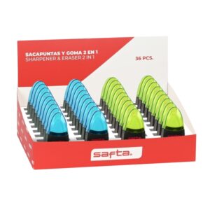 safta expositor con 36 sacapuntas y goma doble funcion deposito para virutas tapa protectora de plastico colores surtidos