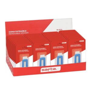 safta expositor con 36 gomas extraibles ergonomico estilo cutter color azul y blanco