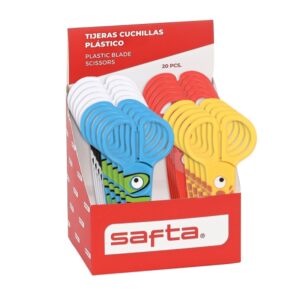 safta expositor con 20 tijeras de 12cm asas ergonomicas plastico resistente punta redonda segura colores surtidos