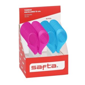 safta expositor con 20 tijeras de 13cm asas ergonomicas punta redonda segura cuchillas de acero colores surtidos