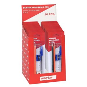 safta expositor con 20 packs escolares 2 lapices sacapuntas goma sacapuntas incluido goma de borrar boligrafo azul colores surtidos