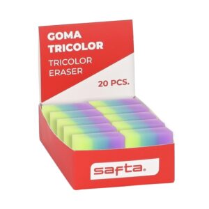 safta expositor con 20 gomas pvc borrado limpio suave al tacto tricolor