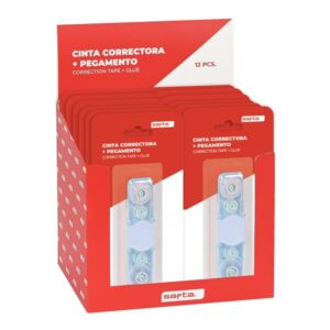 safta expositor con 12 packs de cinta correctora y pegamento doble funcion colores surtidos
