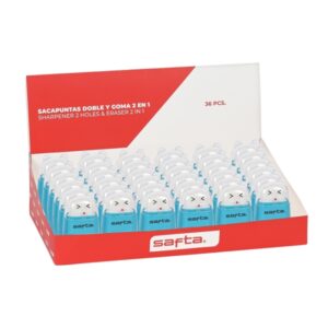 safta expositor con 36 afilaborras doble funcion de sacapuntas y goma tapa protectora de plastico deposito para virutas colores surtidos