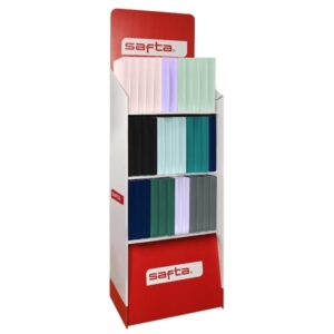 safta expositor con 36 carpetas de 4 anillas 35mm recambio 100 hojas 3 estantes tapas de pp foam cierre elastico separadores internos solapa interior hojas de 90g/m2 colores surtidos