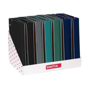 safta expositor con 12 carpetas de 4 anillas 35mm tapas de pp foam cierre elastico ranura para boligrafo incluye 100 hojas a4 cuadricula 5x5mm colores surtidos