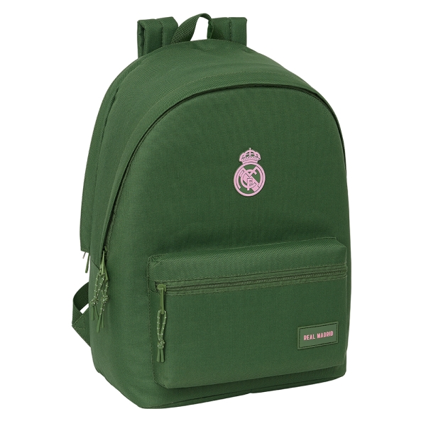 safta real madrid chica caqui mochila para portatil hasta 15.6" conector usb acolchado en espalda hombreras ergonomicas base acolchada asa superior 24.55l 310x180x440mm color verde
